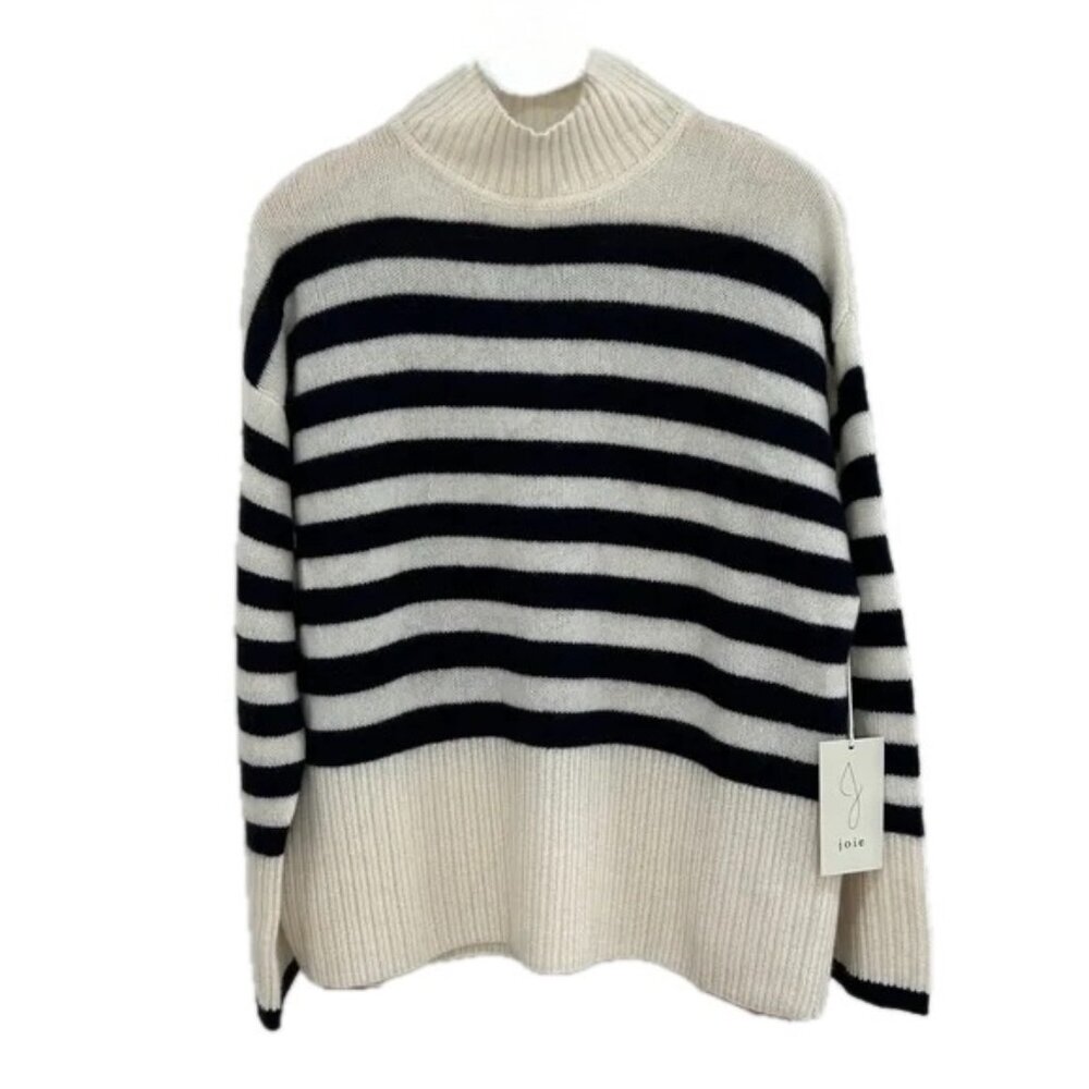Joie 100% Cashmere Sweater Mock Neck Navy White Striped  Women's Large New